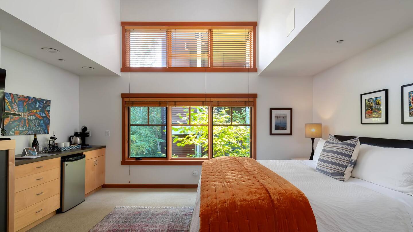 Cozy studio interior with king bed and fireplace